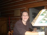 Liz at the breakfast bar